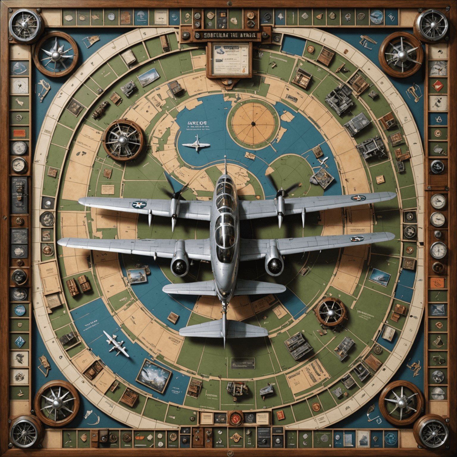 A complex game board of Aviator with multiple pieces, cards, and a central flight path. The image showcases intricate details of the game's components and layout.