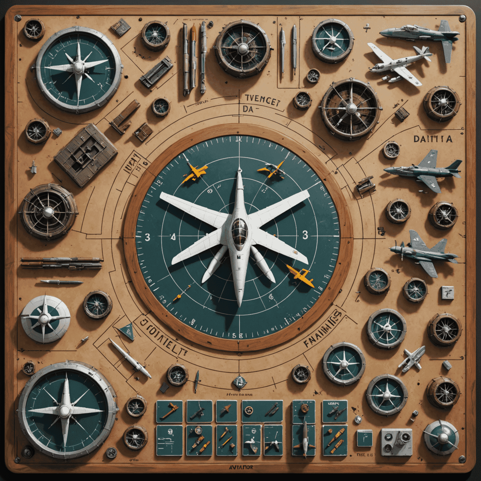 A complex strategy board with various game pieces representing Aviator game elements. The image showcases different tactical formations and move possibilities.