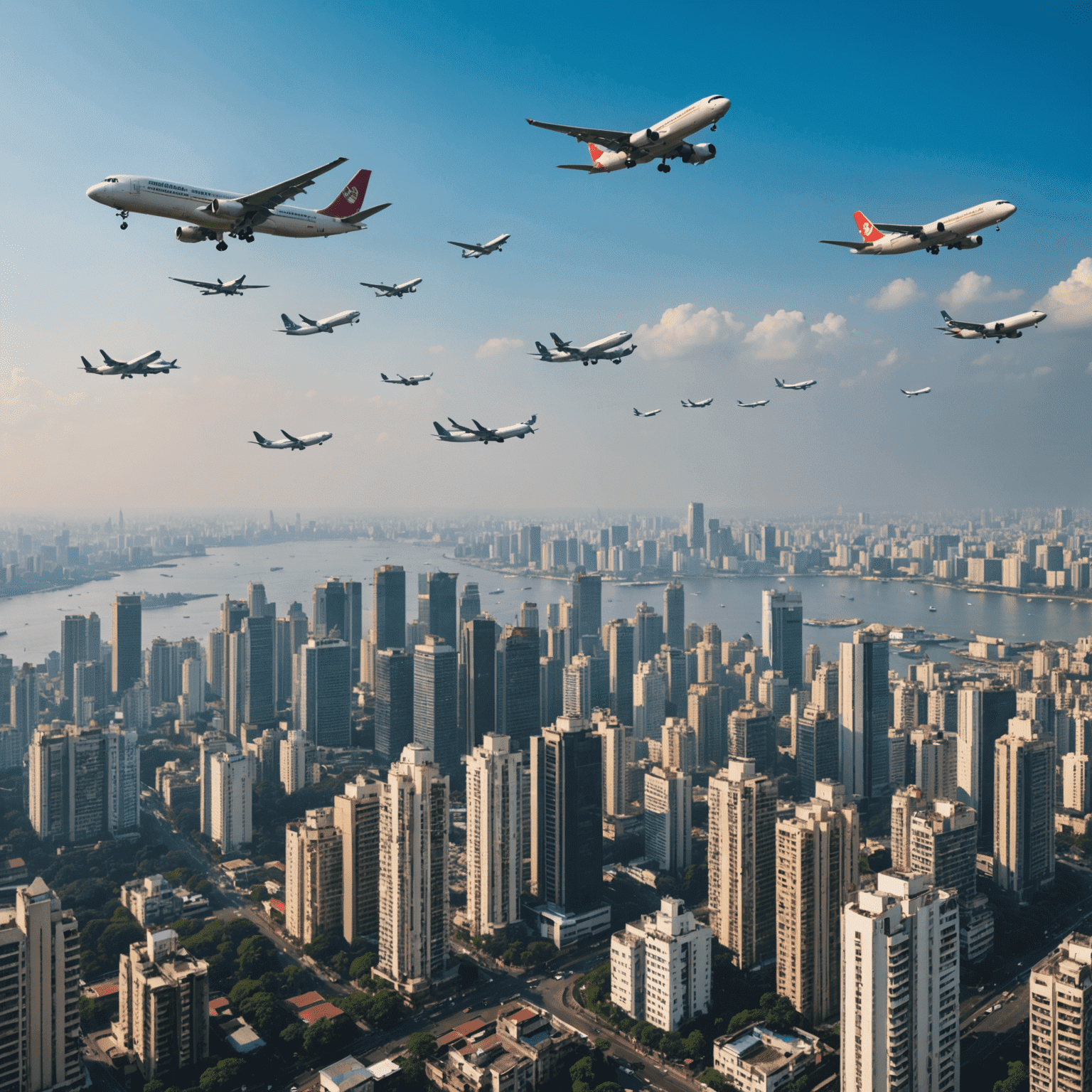 A panoramic view of Mumbai skyline with multiple airplanes flying overhead, symbolizing the growing popularity of Aviator in India