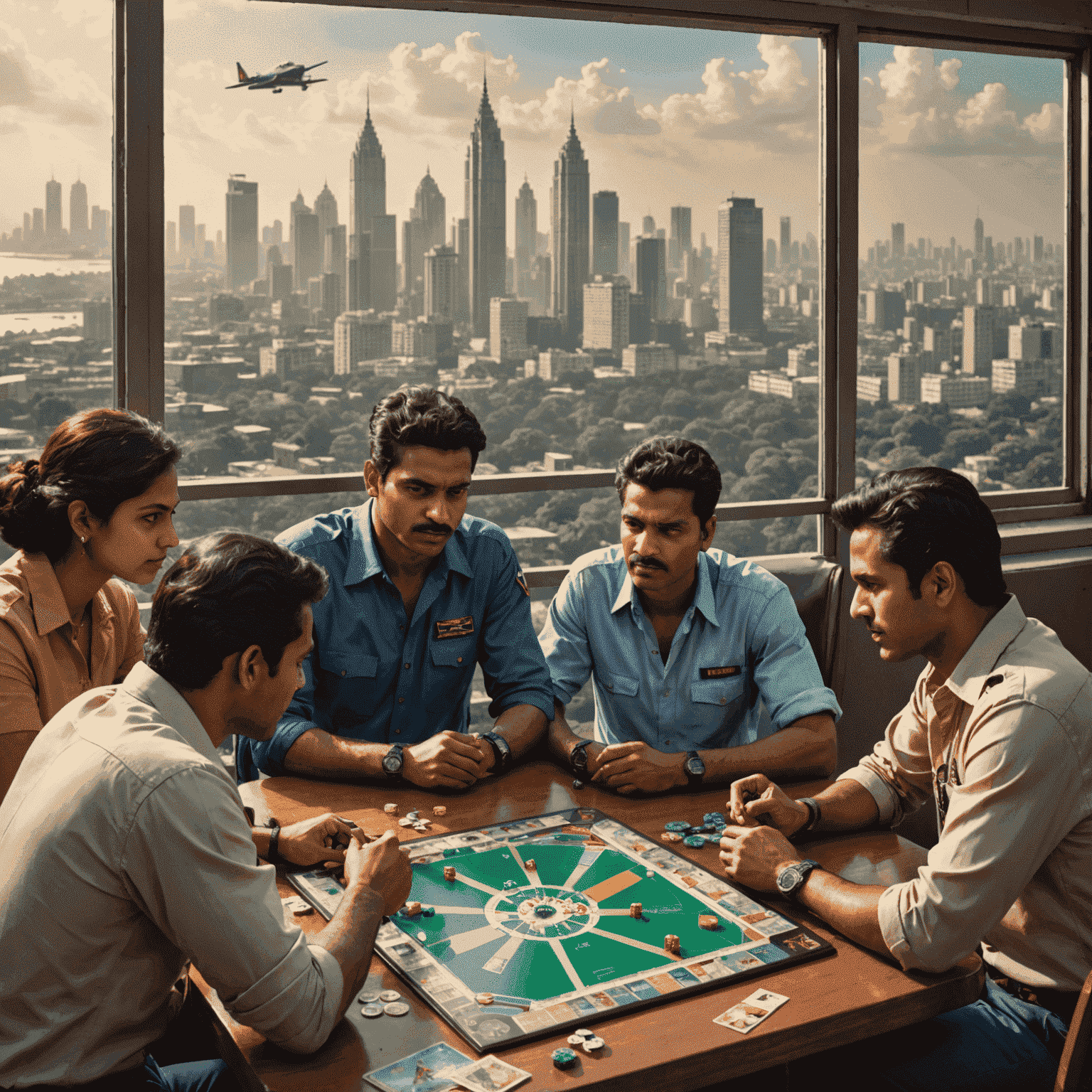 A group of diverse Indian Aviator board game enthusiasts gathered around a table, intensely focused on their game. The Mumbai skyline is visible through a window in the background.