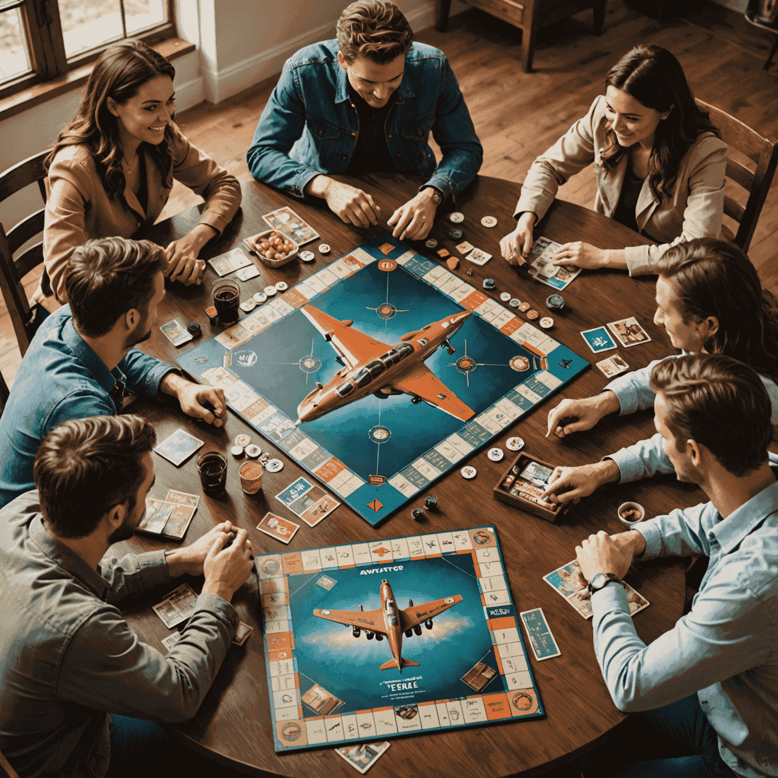 A group of friends gathered around a table, playing the Aviator board game. The table is set up with the game board, pieces, and cards. Snacks and drinks are visible nearby.