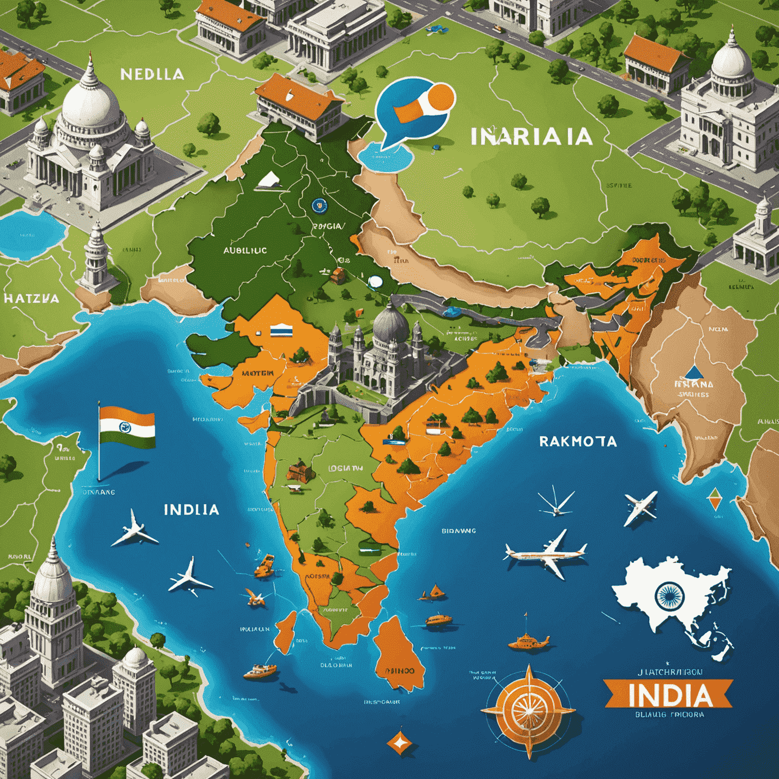 A map of India with highlighted regions showing Aviator game popularity. The image includes icons of the game scattered across the country and a prominent office building in a major city.