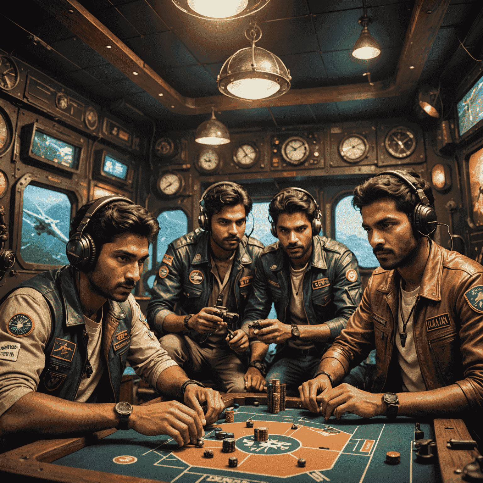 A group of diverse Indian players engaged in an intense Aviator game session, with traditional Indian decor blending with modern gaming elements in the background