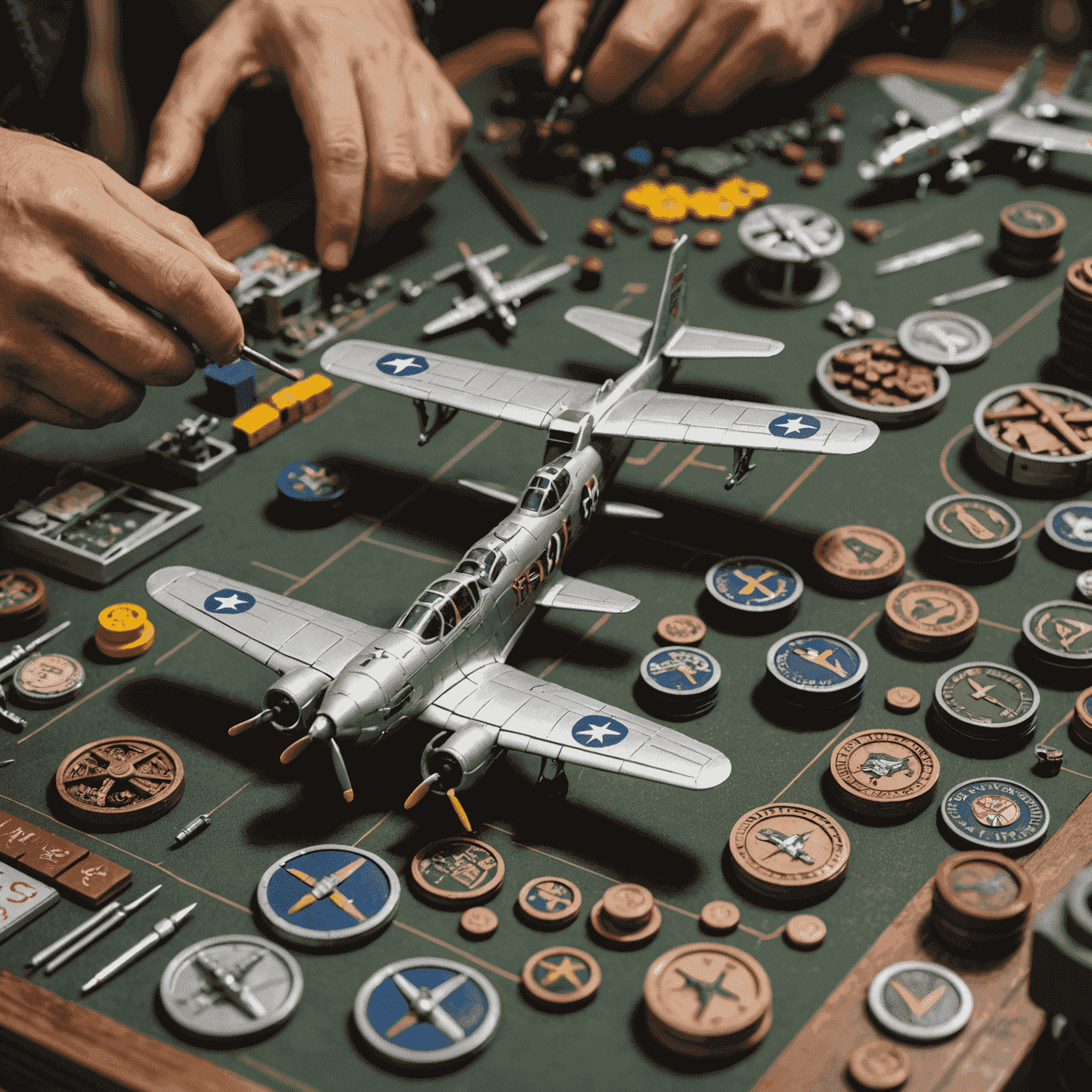 Close-up of Aviator game pieces being carefully assembled by skilled workers, showcasing the intricate details of miniature aircraft and game tokens