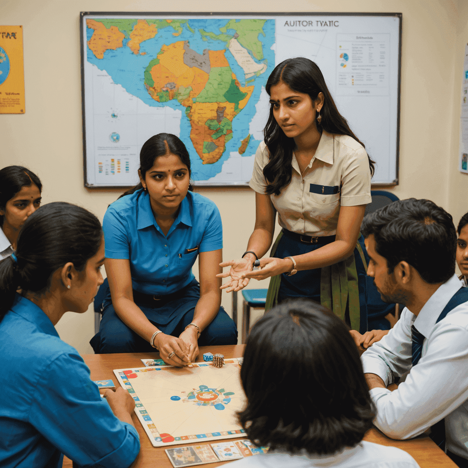 A young Indian woman explaining Aviator board game tactics to a group of attentive students in a modern Bangalore classroom setting.