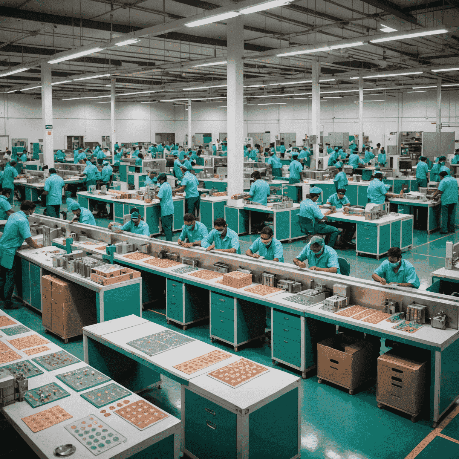 Inside view of an Aviator board game production facility in India. The image shows assembly lines, quality control stations, and workers crafting game pieces and packaging finished products.