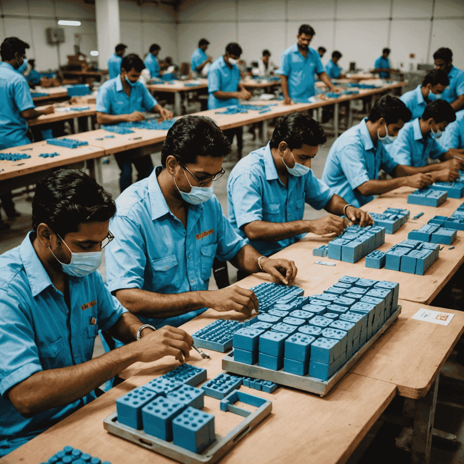 An inside view of the Aviator game production facility in India. The image shows workers assembling game pieces and packaging finished products.