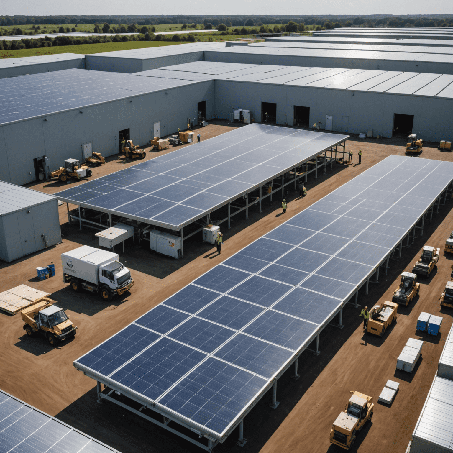 Panoramic view of solar panels on the roof of the Aviator production facility, with workers sorting recycled materials for game packaging in the foreground