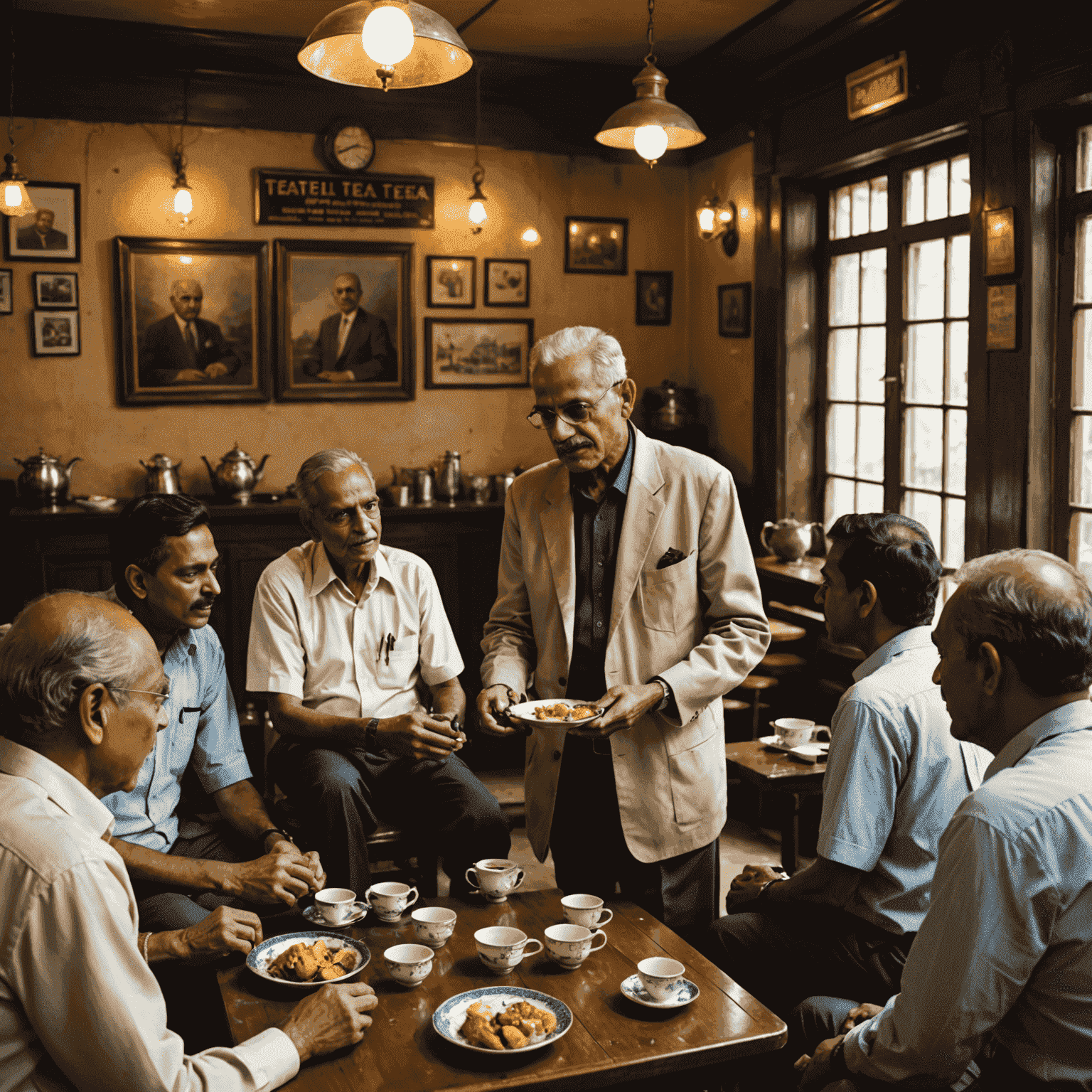 An elderly Indian man teaching Aviator strategies to a diverse group of eager learners in a traditional Kolkata tea house.