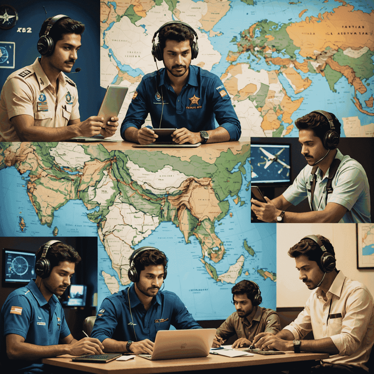 A collage of Indian Aviator players engaged in online matches, showcasing various digital devices and a map of India connecting different cities.