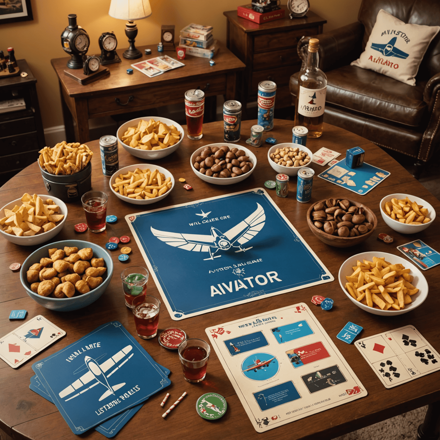 A well-arranged game night setup with Aviator board game, themed snacks, and decorations. The image showcases a inviting and fun atmosphere for playing.